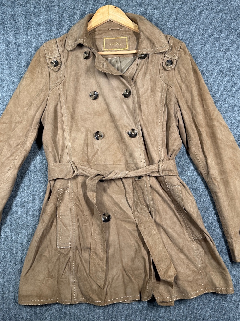 Caroll Paris Suede Leather Trench Coat Womens 40 Brown Belted Goat Skin